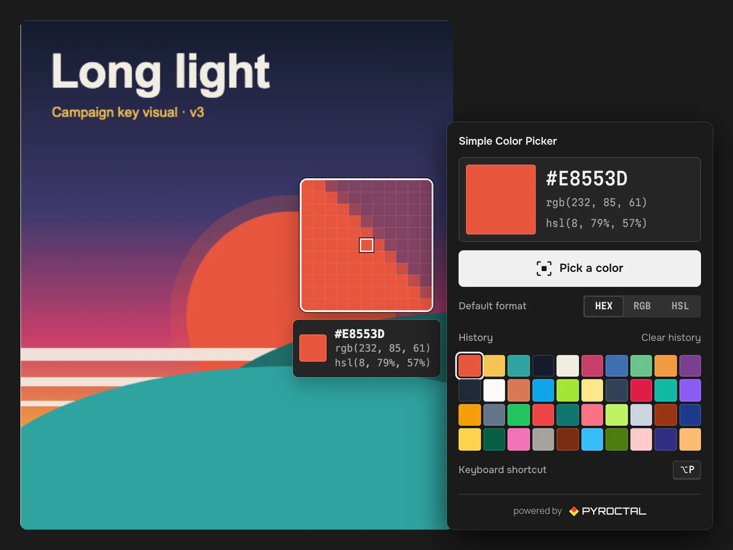 The square zoom loupe over a poster on a web page, framing one pixel with its HEX, RGB and HSL, next to the Simple Color Picker popup showing #E8553D and a history of colors